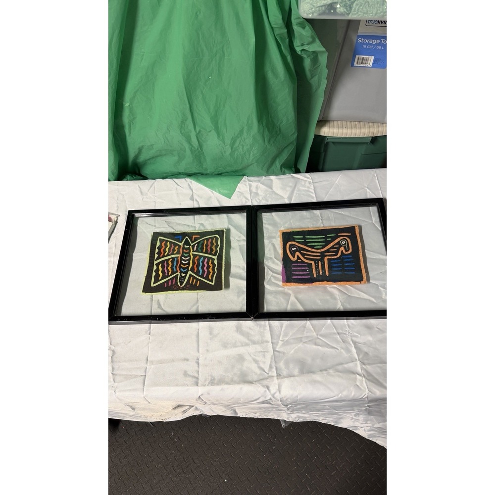 Pair Framed‎ Textile Art Panels Hand Stitched Fabric Folk Style Wall Decor